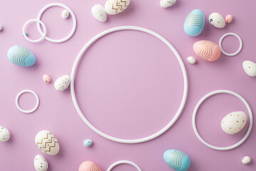 Easter concept. Top view photo of blank circles and colorful white pink blue easter eggs on isolated pastel purple background with empty space
