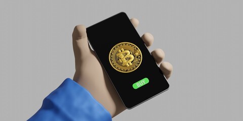 Buy crypto with smartphone. Conceptual bitcoin related 3d rendering illustration.