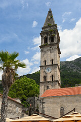 The beautiful church of St. Nicholas with a tall belfry. Perast, Montenegro