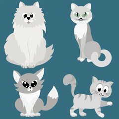 Gray cats and kittens, set. Vector illustration