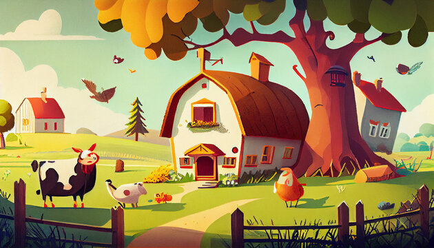 Countryside_farm_colourful_illustration  Ai generated image