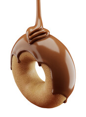 Melted chocolate flowing on a delicious sugary donut. 3d illustration. Isolated on background. Clipping path. Design element.