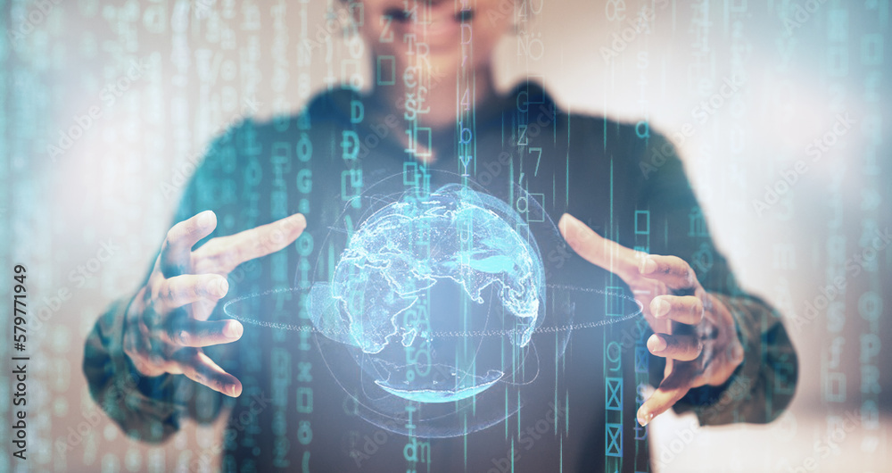 Aufkleber Globe hologram, global network or woman hands with world data analysis of earth communication or worldwide network. Future night, holographic planet ui or overlay worker with web networking algorithm