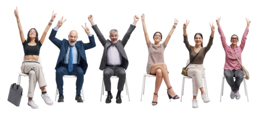 Happy successful people celebrating with raised arms