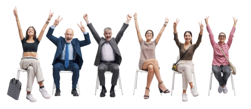 Happy successful people celebrating with raised arms