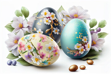 Fototapeta premium Colorful Easter eggs with spring blossom flowers isolated over white background. Generative ai