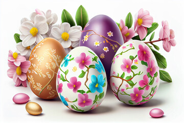 Colorful Easter eggs with spring blossom flowers isolated over white background. Generative ai