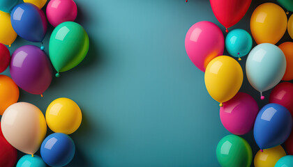 Fototapeta na wymiar Multicolored balloons on turquoise background. Copy space. Celebration concept. AI generative image.