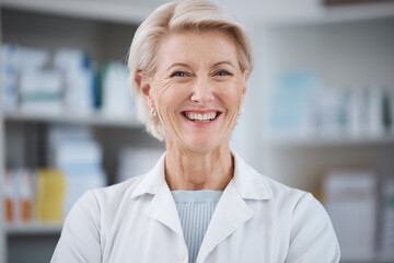 Pharmacy, pharmacist portrait and smile of woman in drugstore or medicine shop. Healthcare, doctor...