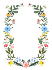 Pretty and colorful floral frame. Watercolor hand-painted wildflowers and grasses wreath. Botanical illustration. PNG clipart © Anna Nekotangerine