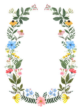 Pretty and colorful floral frame. Watercolor hand-painted wildflowers and grasses wreath. Botanical illustration. PNG clipart