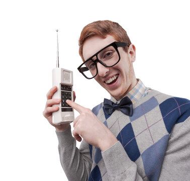 Funny Nerd Guy Using A Cordless Phone