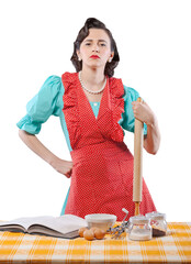 Confident vintage style housewife in the kitchen