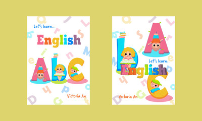 Mockup for english book cover for children with illustration of children on big letters ABC studying “Let’s learn English” on white background