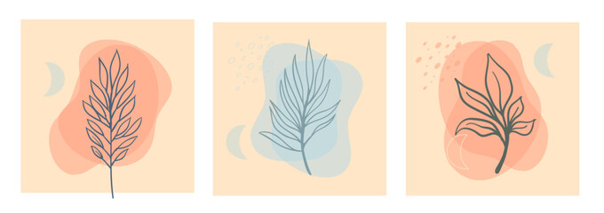 Botanical wall art vector set. Aesthetic Foliage line art drawing with organic abstract shapes. Plant Art design for print, cover, wallpaper. Minimalist and natural design.