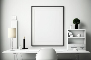 White-toned modern living room has a mock-up blank frame for inserting pictures or text