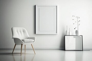 White-toned modern living room has a mock-up blank frame for inserting pictures or text