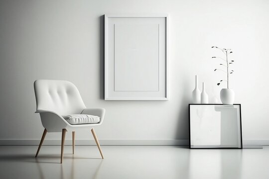 White-toned Modern Living Room Has A Mock-up Blank Frame For Inserting Pictures Or Text