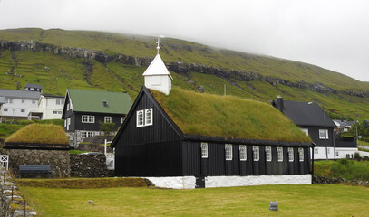 Church in the village of Kollafjoro on the island of Streymoy, Fareo Islands, Denmark