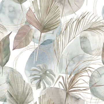 Fototapeta Abstract nordic print with tropical leaves, geometric shapes and golden elements on white background. Watercolor seamless pattern. Hand drawn marble illustration. Mixed media art