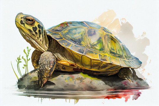 ed-eared slider turtle, watercolor style. Generative AI
