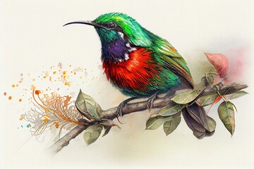 Red-tufted malachite sunbird, watercolor style. Generative AI