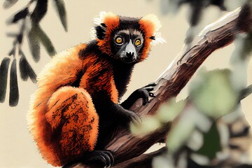 Red-ruffed lemur, watercolor style. Generative AI