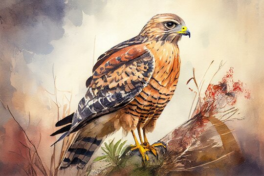 Red-shouldered hawk, watercolor style. Generative AI