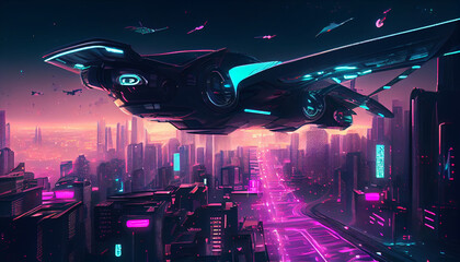 Futuristic_cityscape_with_neon_lights_and_flying_cars Ai generated image