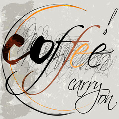 abstract coffee background, design template with word, letter, scribble, paint strokes and splashes