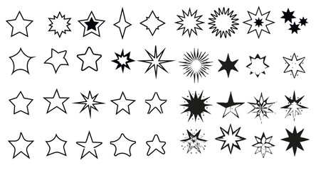 The star icon. Cosmic celestial bodies of various shapes are isolated on a white background. Vector illustration