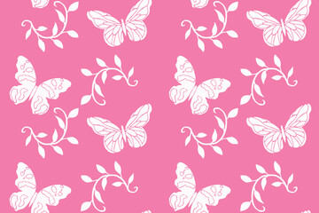 White butterflies and foliage clustered on a pink background. Bicolor texture seamless pattern. Cute spring vector.