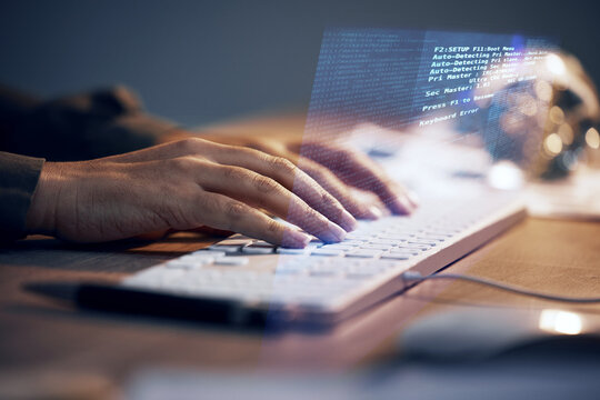 Hologram woman, computer keyboard or hands programming ERP software server or coding cybersecurity system. Night programmer, future cloud computing script or developer typing machine learning ai code