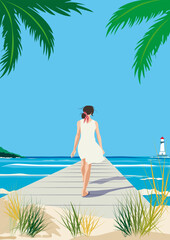 jeune femme se promenant sur un ponton face à la mer - obrazy, fototapety, plakaty