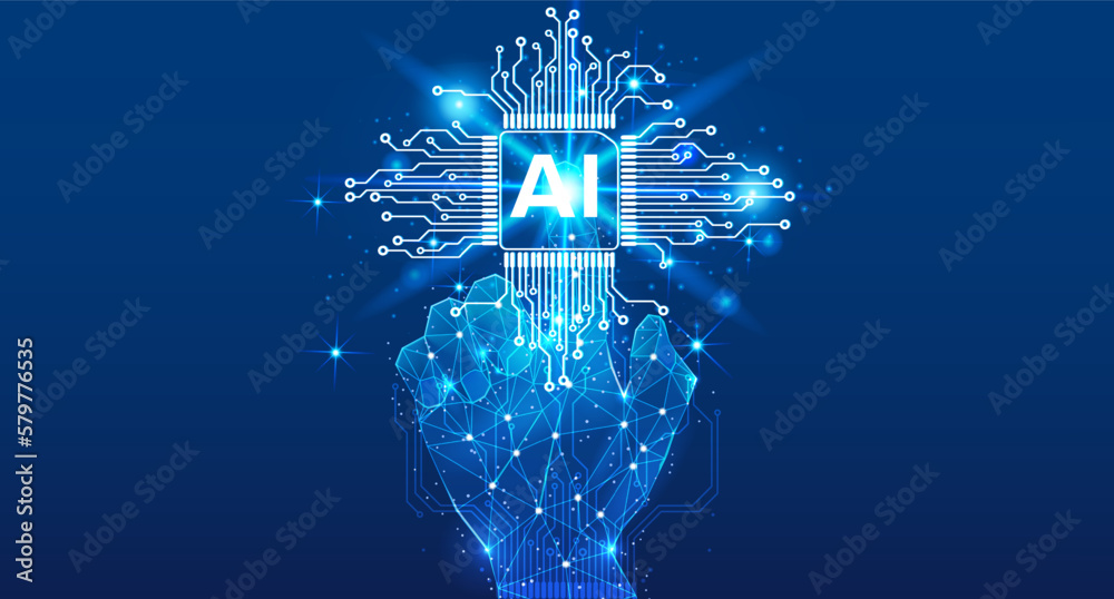 Poster Abstract AI blue digital low poly hand use finger pushing cpu. Learning business, UI with artificial intelligence technology concept vector.