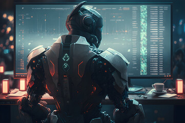 Artificial Intelligence Trading in Action: Futuristic Robot Trading on Laptop with Multiple Screens and Real-Time Market Charts. Generative AI