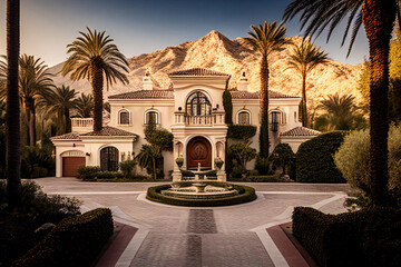 Fototapeta premium Luxury Villa exterior with green garden and palm trees. Luxury home in Spain. Tropical Villa Resort, Spanish Real Estate in Sierra Blanca, Marbella. Luxurious residence on Mediterranean. Ai Generative