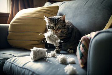 Cat on sofa, destroying sofa, playing, generative AI
