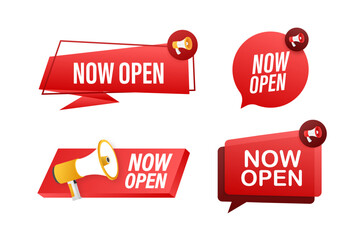 Megaphone label set with text Now open. Megaphone in hand promotion banner. Marketing and advertising