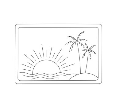 Vector isolated one single beach paradise sun sea ocean palm trees sunset landscape photo colorless black and white contour line easy drawing

