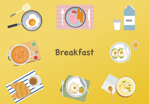 Delicious breakfast set Isolated vector illustration. View from above