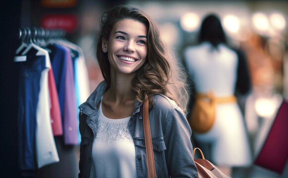 young adult woman or teenager is happy while strolling or shopping in the city, fictitious place. Generative AI