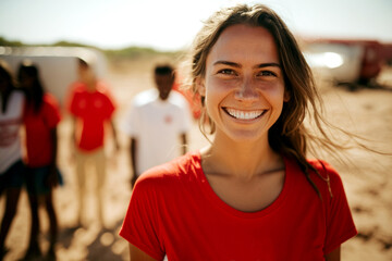 young woman in a red shirt outside on the beach in the sunshine, in the background a crowd of people as a demonstration or grouping, fictitious place and happening. Generative AI - obrazy, fototapety, plakaty
