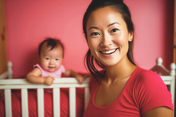 young adult woman is mother of little baby lying in cot, smiling and proud. Generative AI