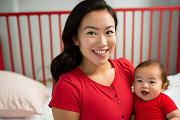 young mother with her several months old baby in her arms at the cot. Generative AI