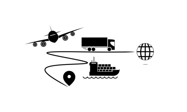 World wide products parcel logistics distribution and delivery by air freight maritime ship cargo truck etc vector design.