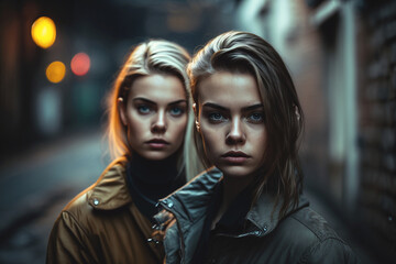 two young women or adult teenagers outside on a side street next to a building in a city at dusk or in the morning, fictional place and people. Generative AI