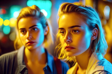 Obraz premium two young adult women in a bad mood in a fictional place such as a bar or holiday resort, negative mood or poor physical condition from alcohol. Generative AI