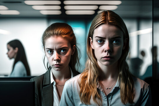 bad mood or serious atmosphere, two young women in an office, fictional scene and people. Generative AI