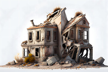 Fototapeta premium Ruined houses, overgrown abandoned buildings isolated on white background, buildings damaged after the war
